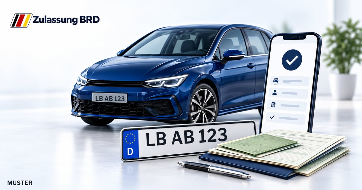 Online Fahrzeugzulassung in Markgröningen: Musterkennzeichen LB AB 123, Auto und Fahrzeugpapiere und Smartphone. Illustration mit Logo von Zulassung BRD.